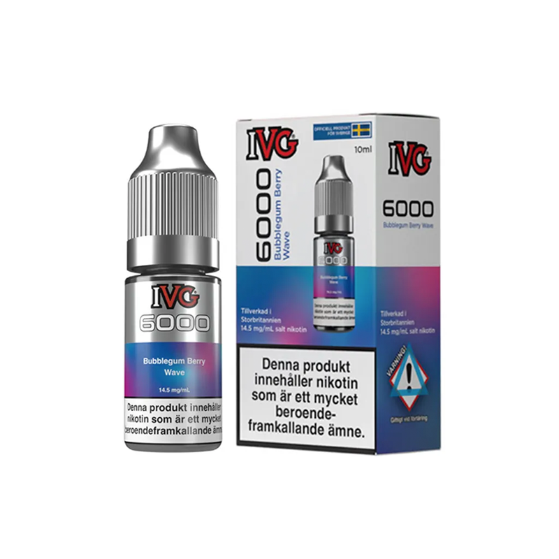 IVG 6000 Bubblegum Berry Wave originalflaska bredvid originalförpackning mot vit bakgrund