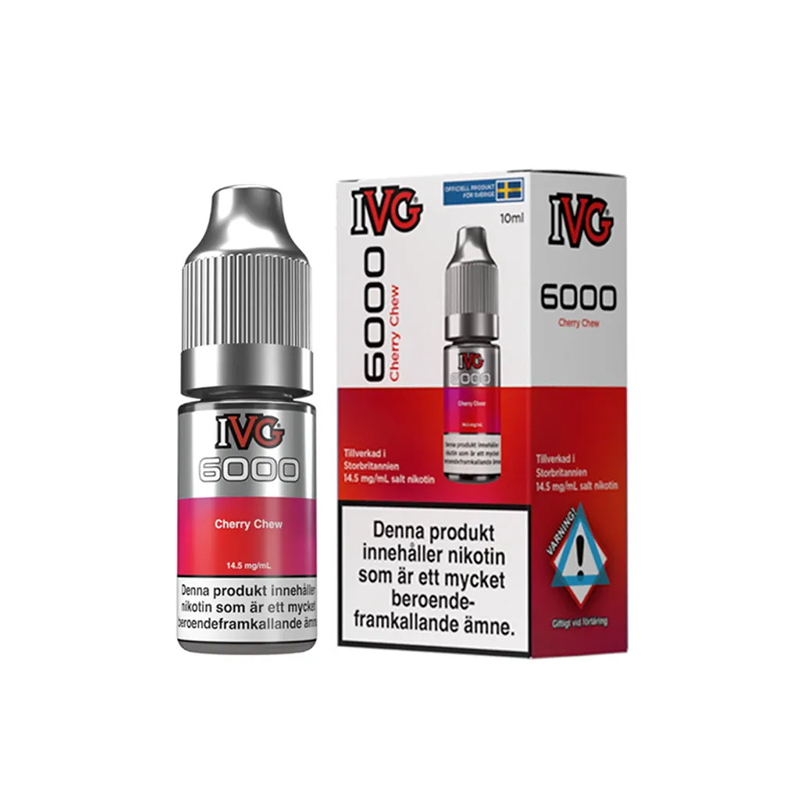 IVG 6000 Cherry Chew originalflaska bredvid originalförpackning mot vit bakgrund