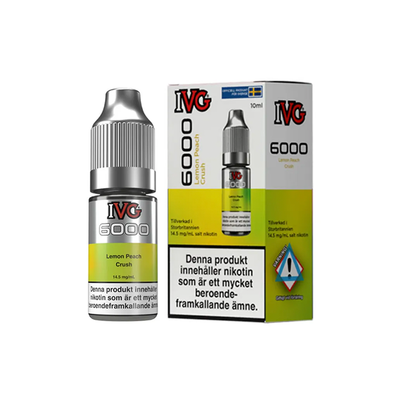 IVG 6000 Lemon Peach Crush originalflaska bredvid originalförpackning mot vit bakgrund