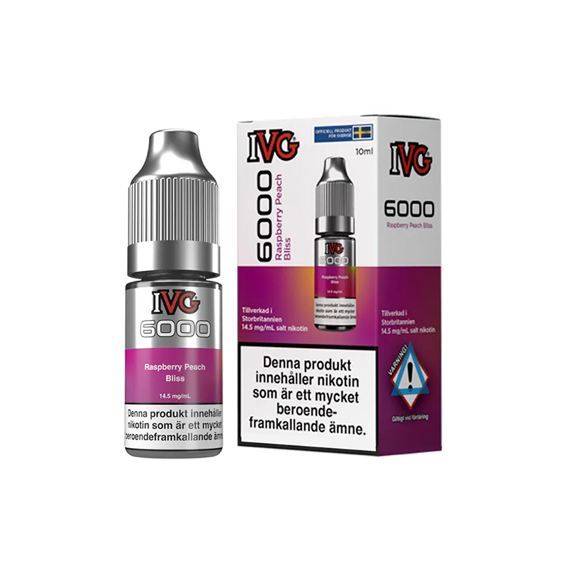 IVG 6000 Raspberry Peach Bliss originalflaska bredvid originalförpackning mot vit bakgrund