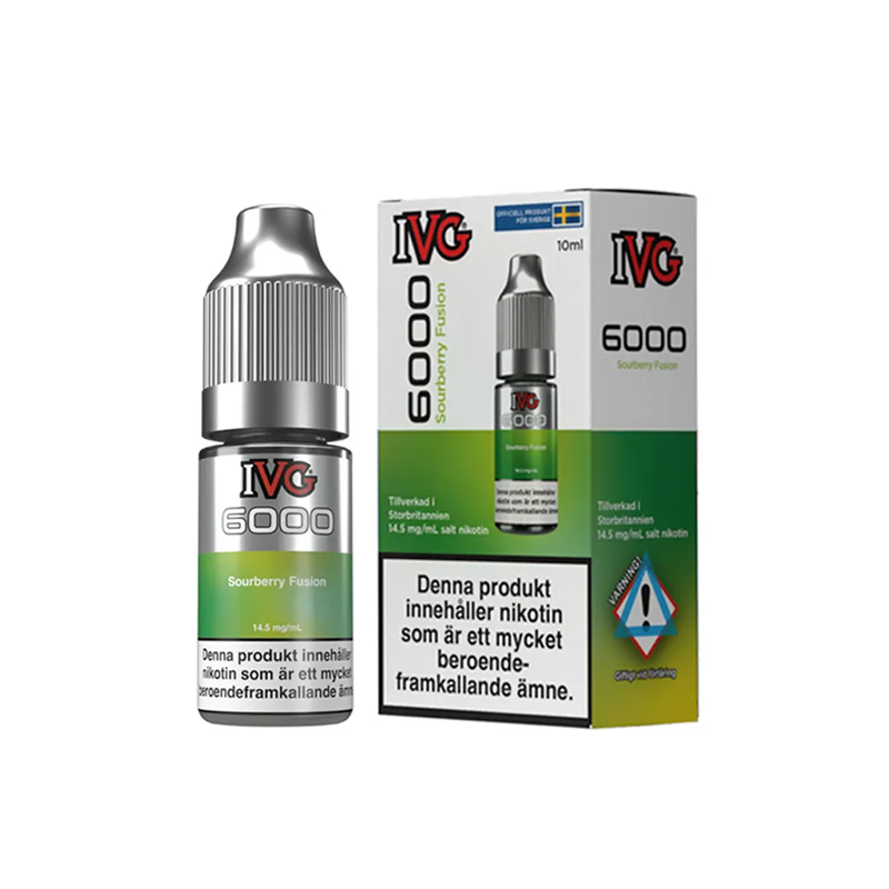 IVG 6000 Sourberry Fusion originalflaska bredvid originalförpackning mot vit bakgrund