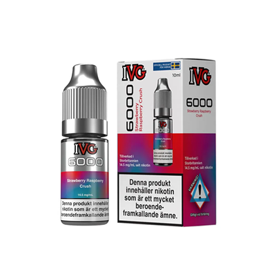 IVG 6000 Strawberry Raspberry Crush originalflaska bredvid originalförpackning mot vit bakgrund
