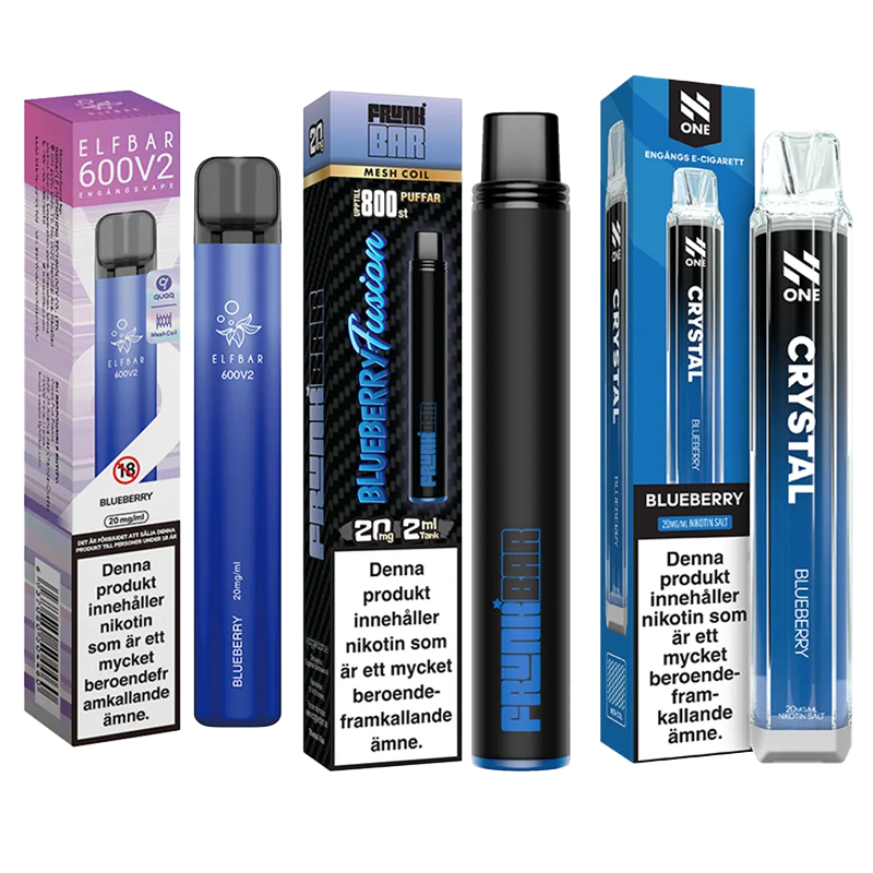 3-pack engångsvapes blåbär – Elf Bar 600V2 Blueberry, Frunk Bar Blueberry Fusion och N One Crystal Blueberry 20 mg