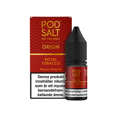 Pod Salt Royal Tobacco Flaska bredvid originalförpackning