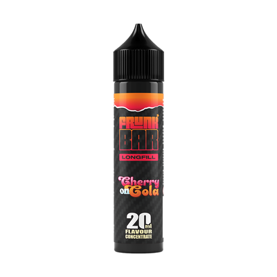Svart, rosa och orange flaska. På flaskan står det frunk bar longfill cherry on cola 20ml flavour concentrate