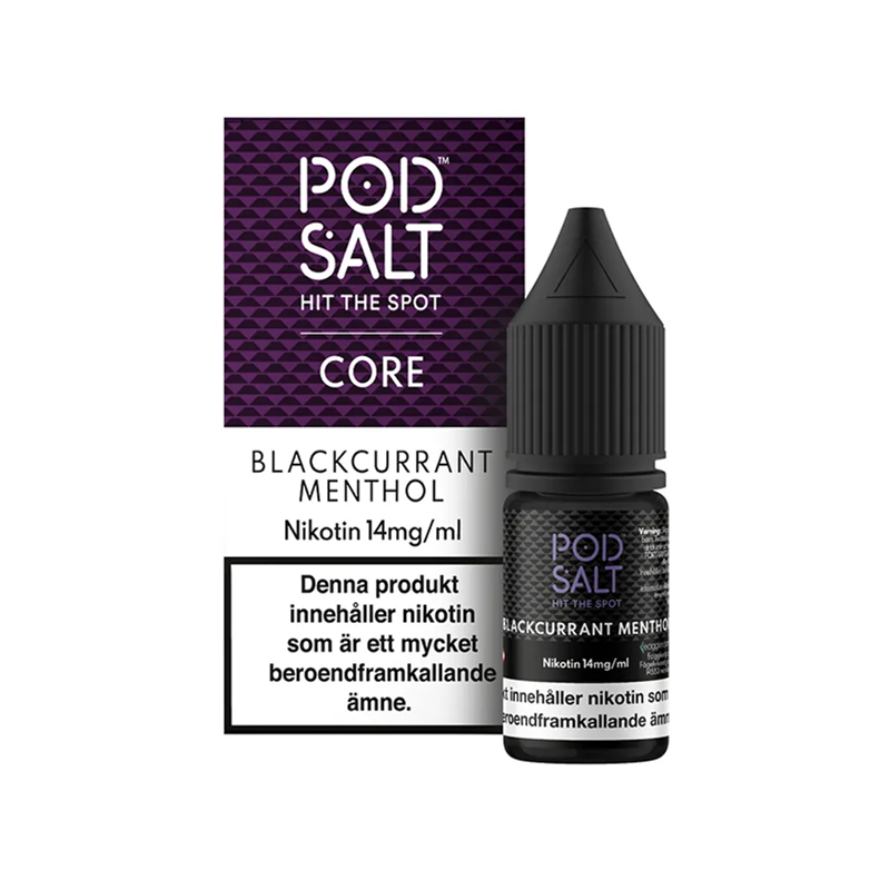 Pod Salt Blackcurrant Menthol Flaska bredvid originalförpackning