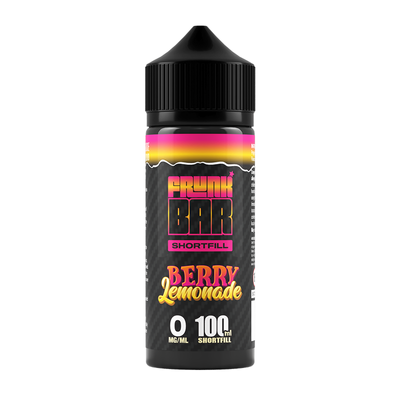 Svart, gul och rosa flaska. På flaskan står det frunk bar shortfill berry lemonade 0 mg/ml 100ml shortfill