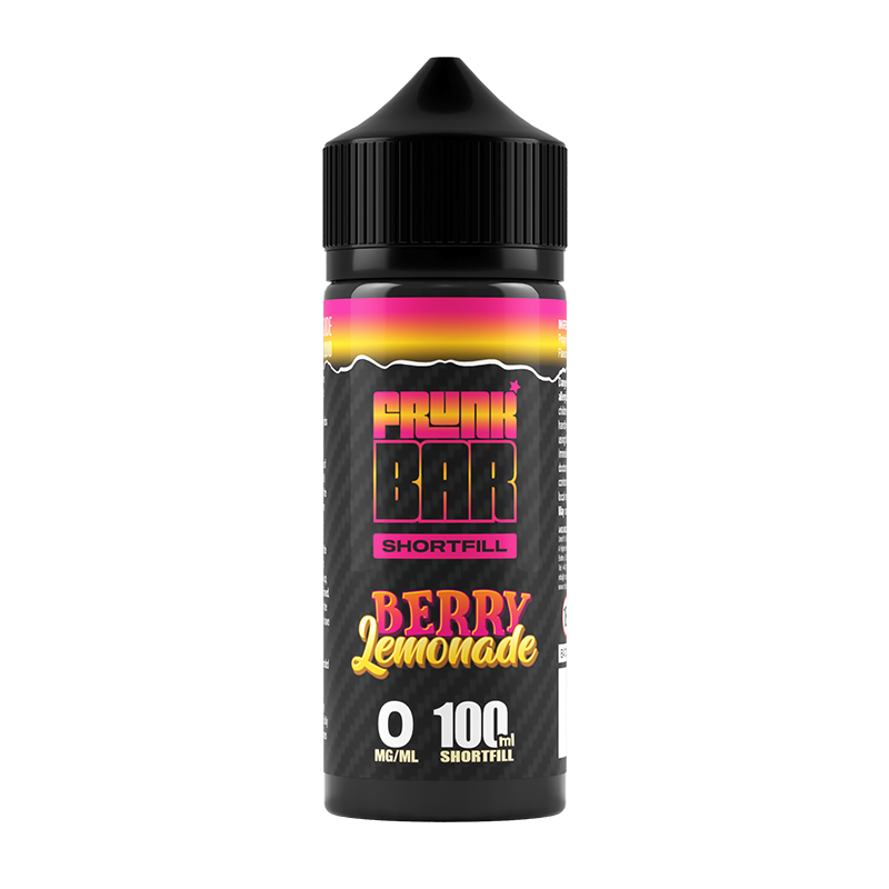 Svart, gul och rosa flaska. På flaskan står det frunk bar shortfill berry lemonade 0 mg/ml 100ml shortfill