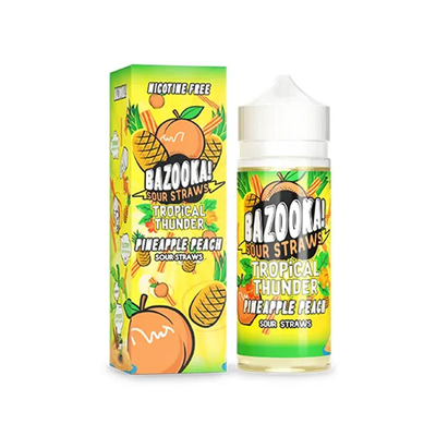 Bazooka Tropical Thunder Pineapple Peach originalflaska brevid låda mot vit bakgrund