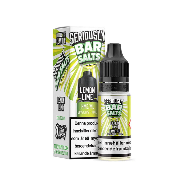 Seriously Bar Salts Lemon Lime Flaska bredvid originalförpackning