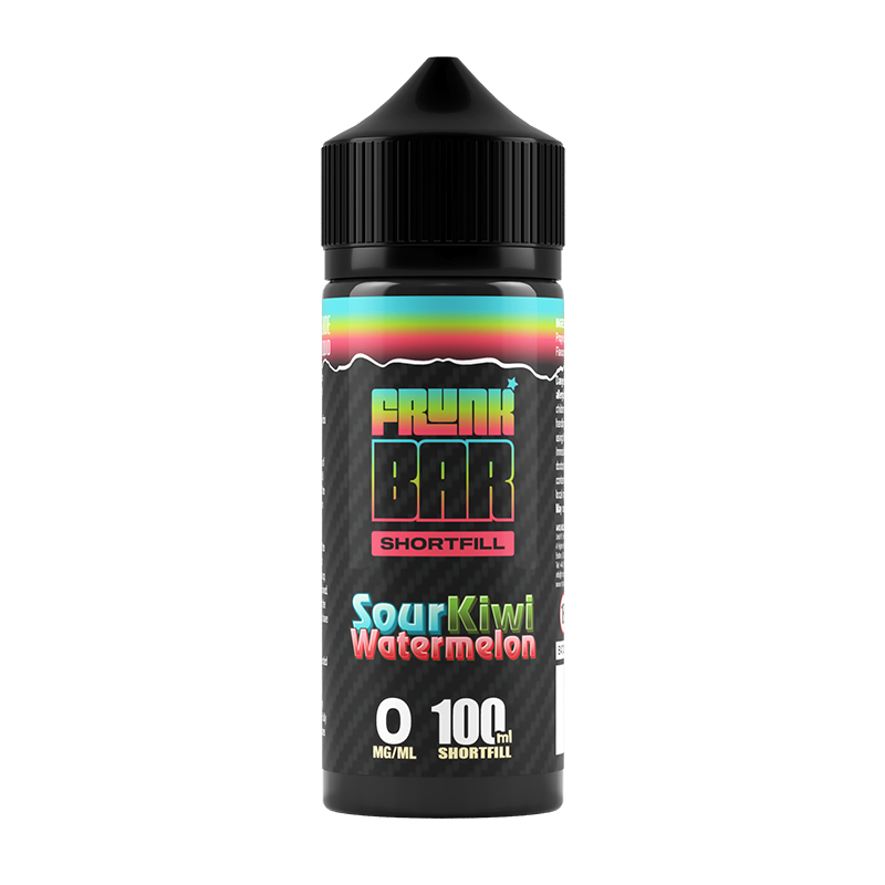 Svart, blå och grön flaska. På flaskan står det frunk bar shortfill sour kiwi watermelon 0 mg/ml 100ml shortfill