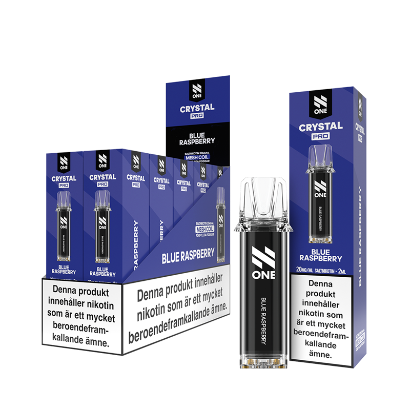 N One Crystal PRO Pod Blue Raspberry 10-Pack förfyllda vape pods, 2 ml e-vätska och 20 mg nikotin, kompatibla med N One Crystal PRO batterier