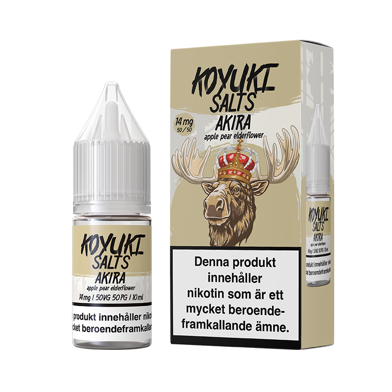 På bilden syns en flaska och låda. Lådan har ett motiv utav en älg på sig. Båda flaska och låda är brun och beige. På båda flaska och låda står det Koyuki salts akira apple pear elderflower. 14mg 50/50