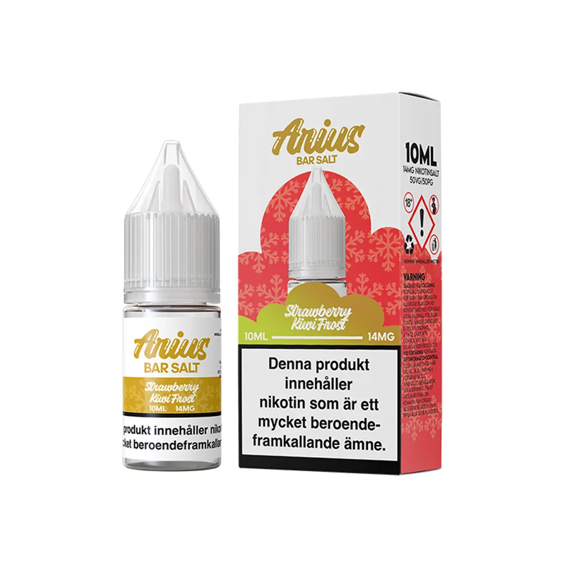 Arius Bar Salt Strawberry Kiwi Frost flaska bredvid originalförpackning