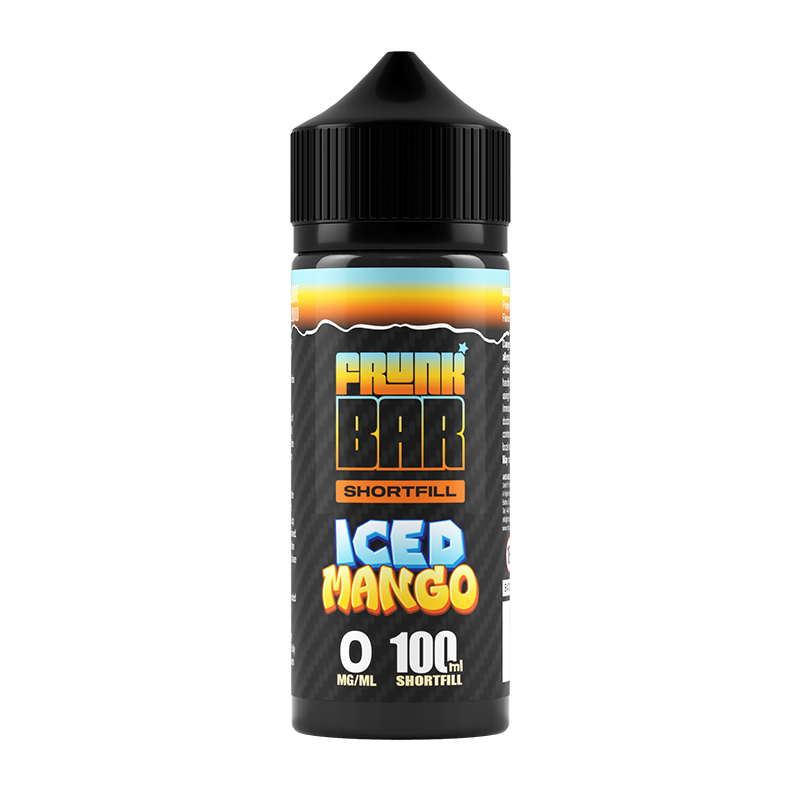 Svart, gul och blå flaska. På flaskan står det frunk bar shortfill iced mango 0 mg/ml 100ml shortfill