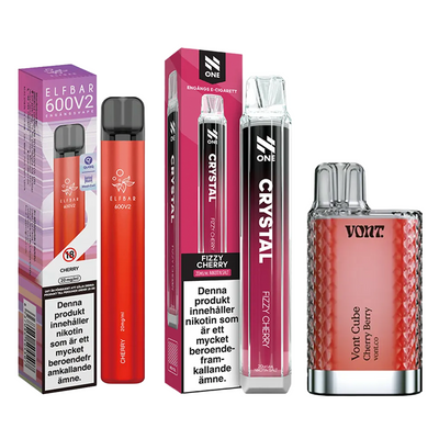 3-pack engångsvapes körsbär – Elf Bar 600V2 Cherry, N One Crystal Fizzy Cherry och Vont Cube Cherry Berry 20 mg