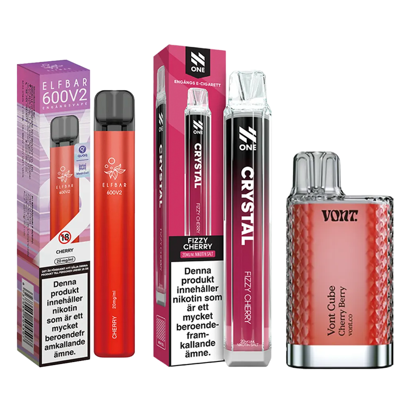 3-pack engångsvapes körsbär – Elf Bar 600V2 Cherry, N One Crystal Fizzy Cherry och Vont Cube Cherry Berry 20 mg