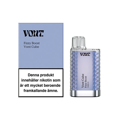 Förpackning och engångsvape Vont Cube fizzy boost med varningstext om nikotin och märkning 20 mg/ml.