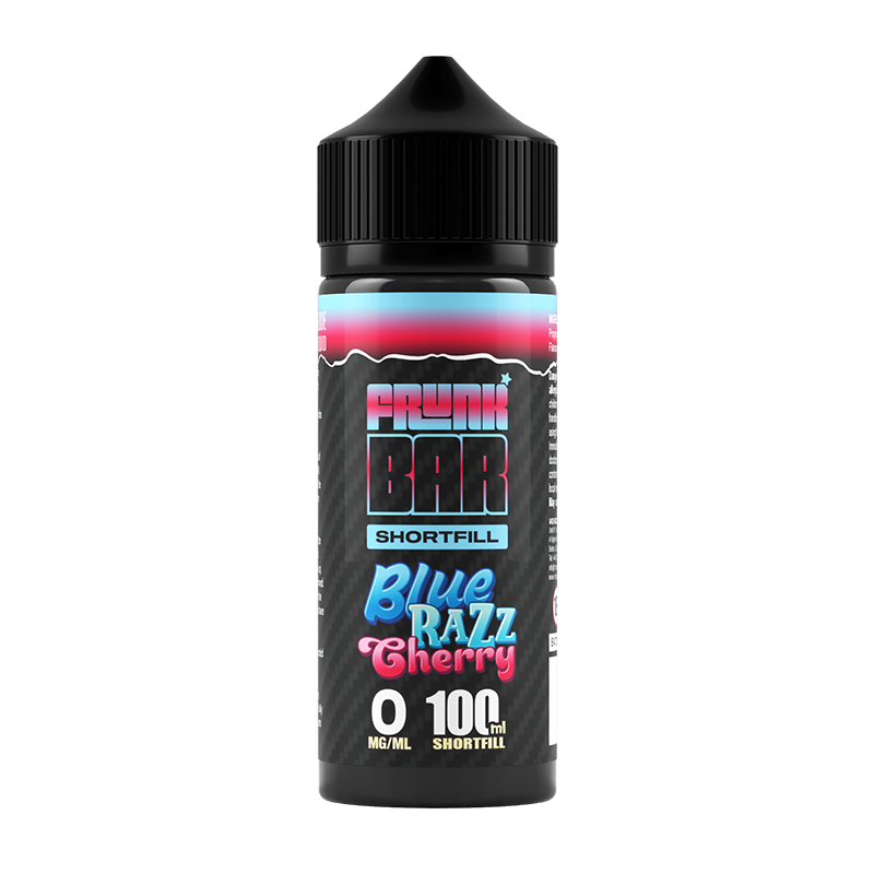 Svart, blå och rosa flaska. På flaskan står det frunk bar shortfill blue razz cherry 0 mg/ml 100ml shortfill