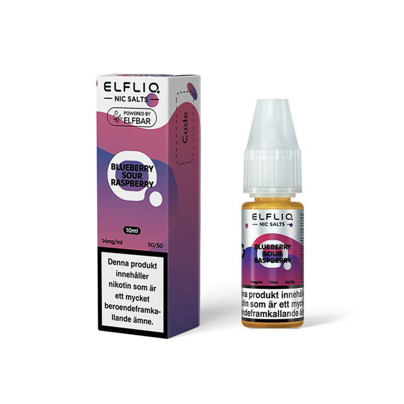 ElfLiq Blueberry Sour Raspberry Flaska bredvid originalförpackning