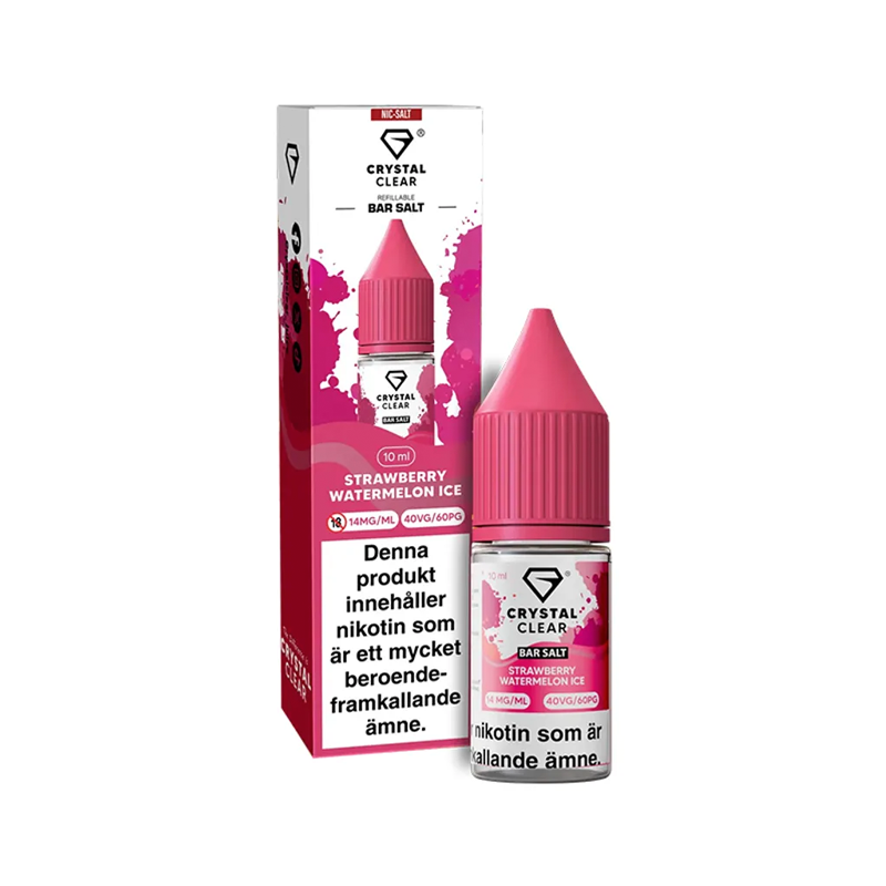 Crystal Clear Strawberry Watermelon Ice (10ml, Nic Salt) flaska bredvid originalförpackning