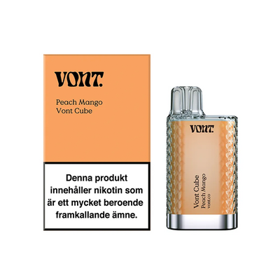 Förpackning och engångsvape Vont Cube Peach Mango med varningstext om nikotin och märkning 20 mg/ml.