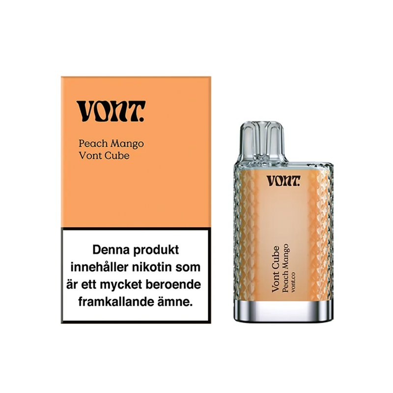 Förpackning och engångsvape Vont Cube Peach Mango med varningstext om nikotin och märkning 20 mg/ml.
