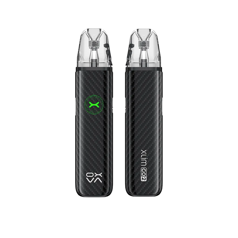 Oxva Xlim GO 2 i färgen Black Carbon – kompakt e-cigarett med transparent pod, automatisk inhalering och stilrent kolfibermönster
