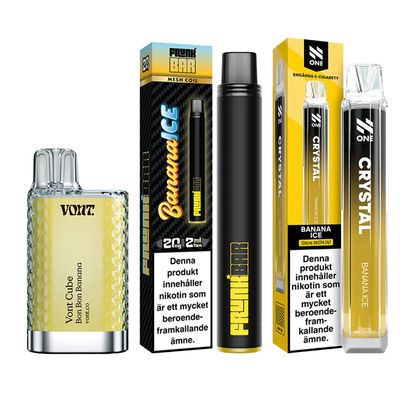 3-pack engångsvapes banan – Vont Cube Bon Bon Banana, Frunk Bar Banana Ice och N One Crystal Banana Ice 20 mg