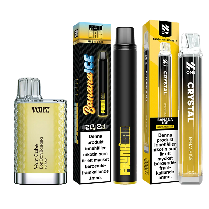 3-pack engångsvapes banan – Vont Cube Bon Bon Banana, Frunk Bar Banana Ice och N One Crystal Banana Ice 20 mg