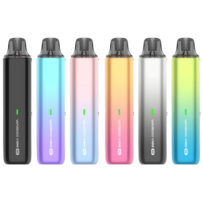 Vaporesso VIBE SE pod vape kit i flera färger – kompakt e-cigarett med RGB-indikator och stilren design i olika färgvarianter