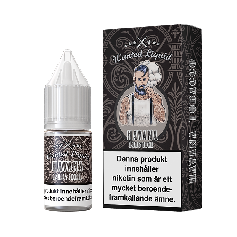 På bilden syns en flaska och låda. Lådan har ett motiv utav en tatuerad man som röker. Båda flaska och låda är svart och grå På båda flaska och låda står det wanted liquid havana 14mg 10ml havana tobacco