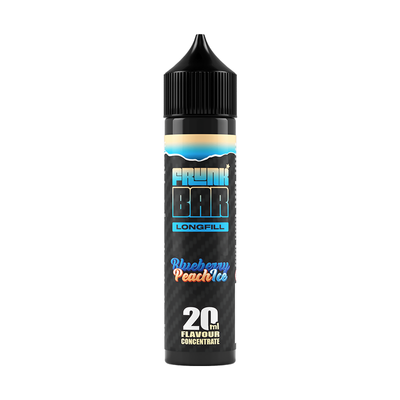 Svart, blå och orange flaska. På flaskan står det frunk bar longfill blueberry peach ice 20ml flavour concentrate