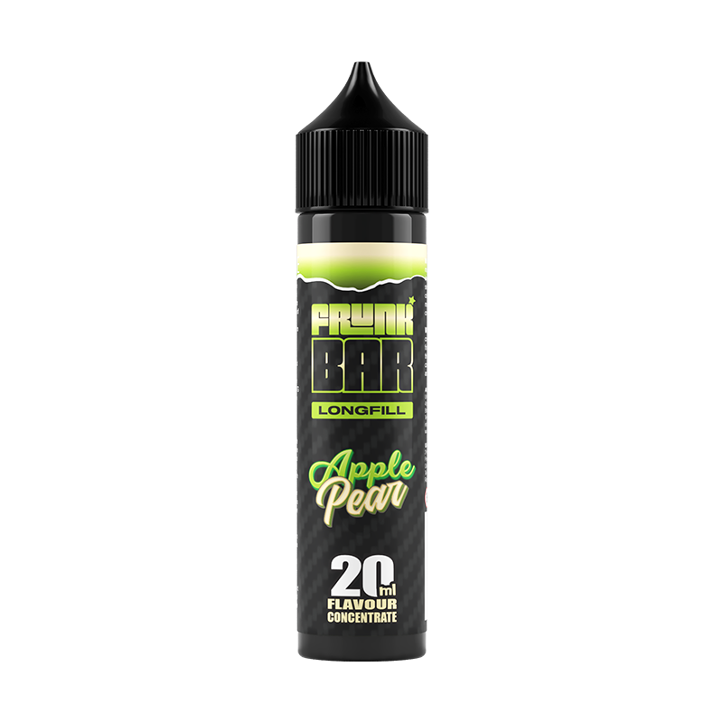Svart, gul och grön flaska. På flaskan står det frunk bar longfill apple pear 20ml flavour concentrate