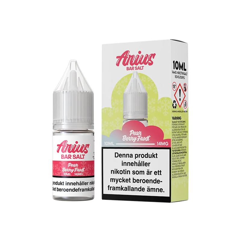 Arius Bar Salt Pear Berry Frost flaska bredvid originalförpackning