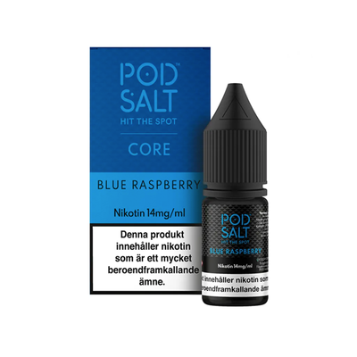 Pod Salt Blue Raspberry Flaska bredvid originalförpackning