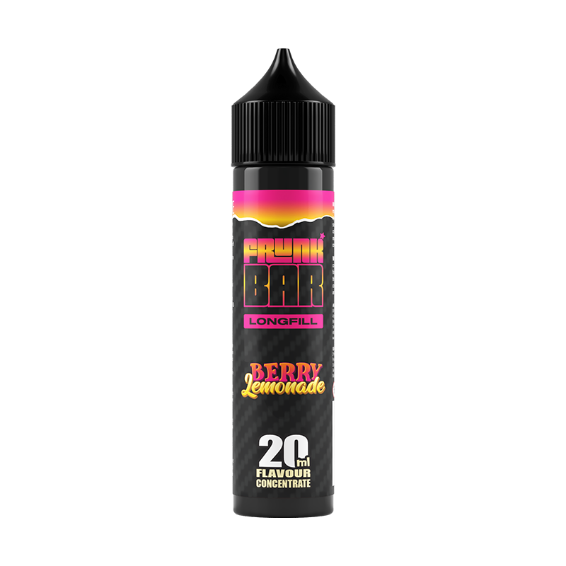 Svart, gul och rosa flaska. På flaskan står det frunk bar longfill berry lemonade 20ml flavour concentrate