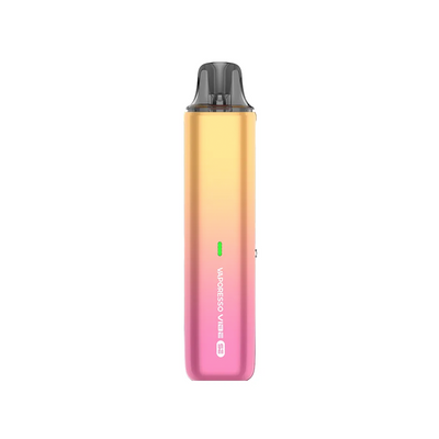 Vaporesso VIBE SE i färgen Grapefruit Soda – kompakt e-cigarett med RGB-indikator och gradientdesign i rosa och gul ton