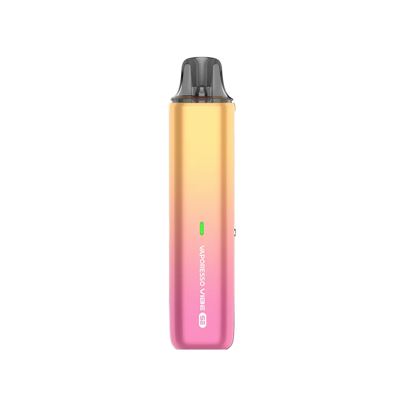 Vaporesso VIBE SE i färgen Grapefruit Soda – kompakt e-cigarett med RGB-indikator och gradientdesign i rosa och gul ton