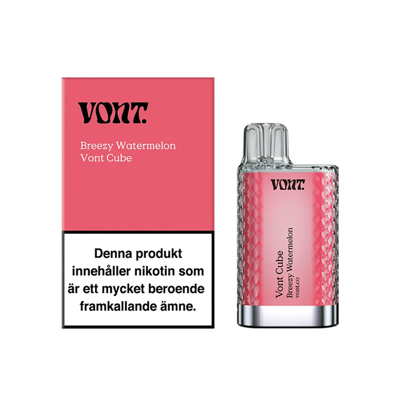 Förpackning och engångsvape Vont Cube breezy watermelon med varningstext om nikotin och märkning 20 mg/ml.