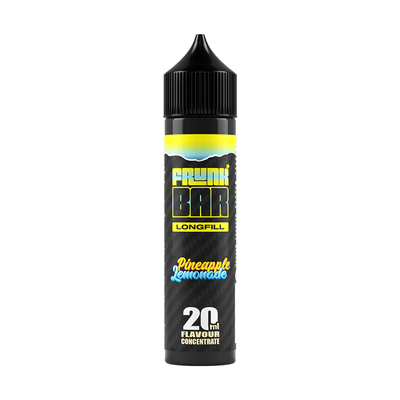 Svart, blå och gul flaska. På flaskan står det frunk bar longfill pineapple lemonade 20ml flavour concentrate