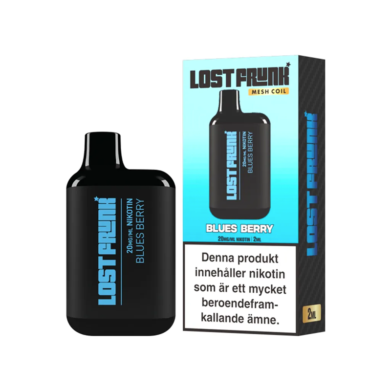 Lost Frunk Engångs Vape Blues Berry bredvid originalförpackning