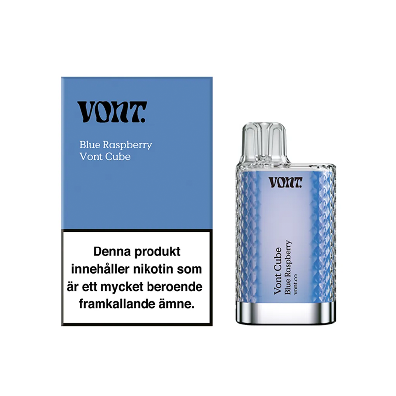 Förpackning och engångsvape Vont Cube blue raspberry med varningstext om nikotin och märkning 20 mg/ml.
