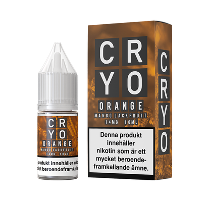 På bilden syns en flaska och låda. båda är orangea och på dom står det Cryo orange mango jackfruit 14mg 10ml