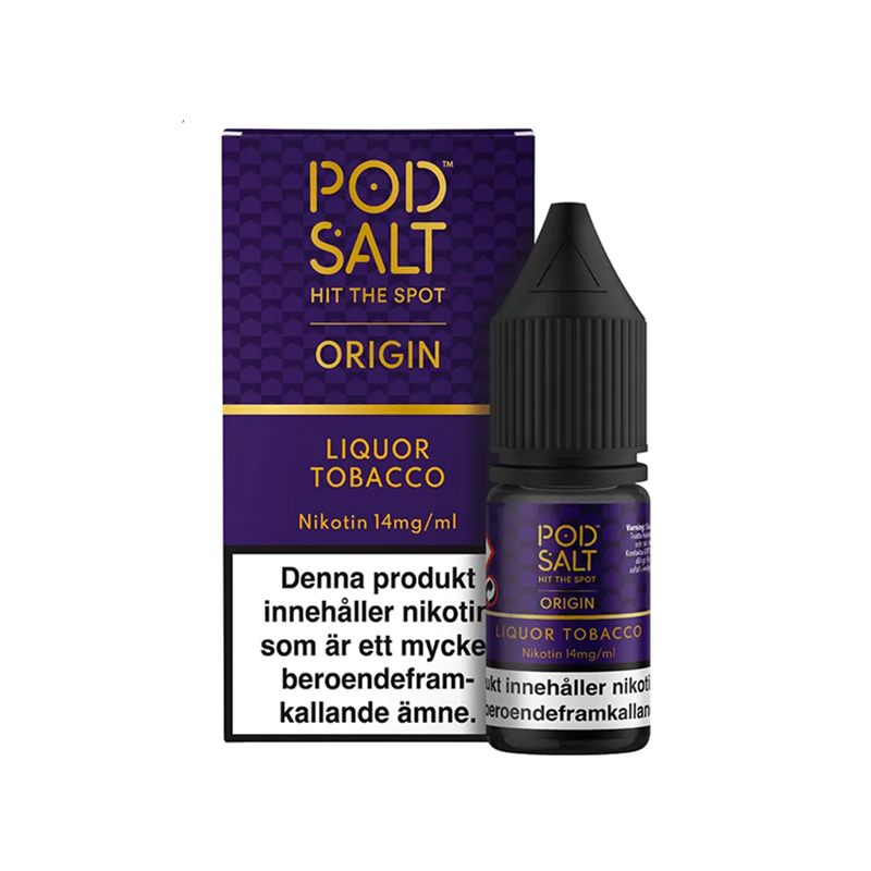 Pod Salt Liquor Tobacco Flaska bredvid originalförpackning