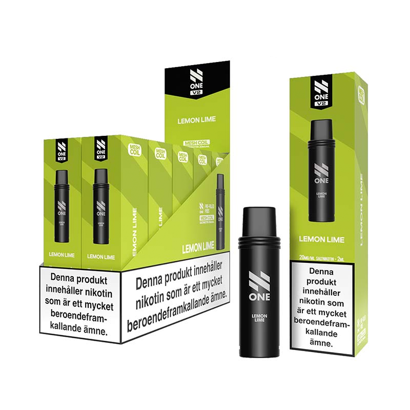 N One Mesh Pod V2 Lemon Lime 10-pack förfyllda vape pods, 2 ml e-vätska och 20 mg nikotin, kompatibla med N One Mesh Pod Kit V2.