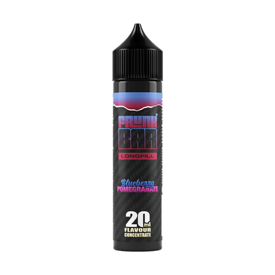 Svart, lila och rosa flaska. På flaskan står det frunk bar longfill blueberry pomegranate 20ml flavour concentrate
