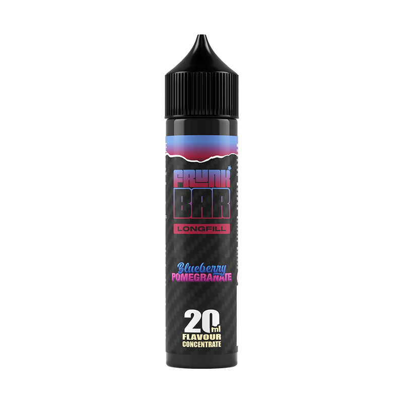 Svart, lila och rosa flaska. På flaskan står det frunk bar longfill blueberry pomegranate 20ml flavour concentrate