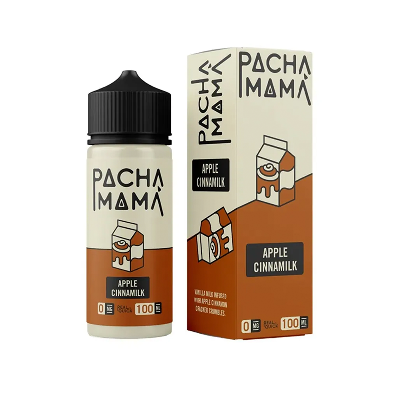 Pacha Mama Apple Cinnamilk originallåda och flaska mot vit bakgrund