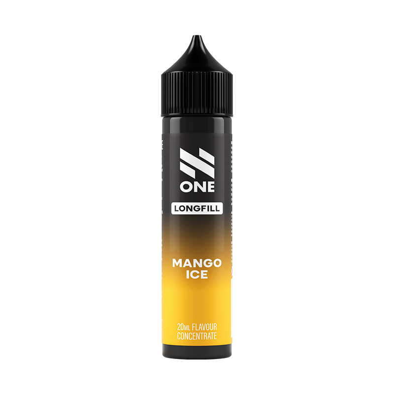 Svart och gul flaska. På flaskan står det N One longfill mango ice 20ml flavour concentrate